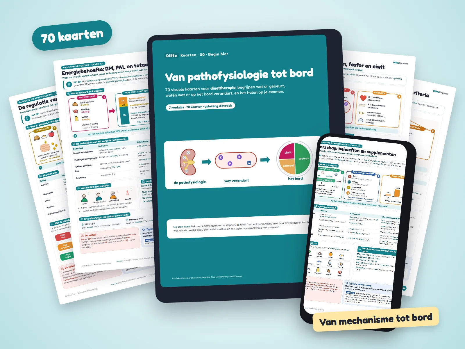 DiëtoKaarten: het titelblad op een tablet, een kaart op een telefoon en meerdere kaarten eromheen